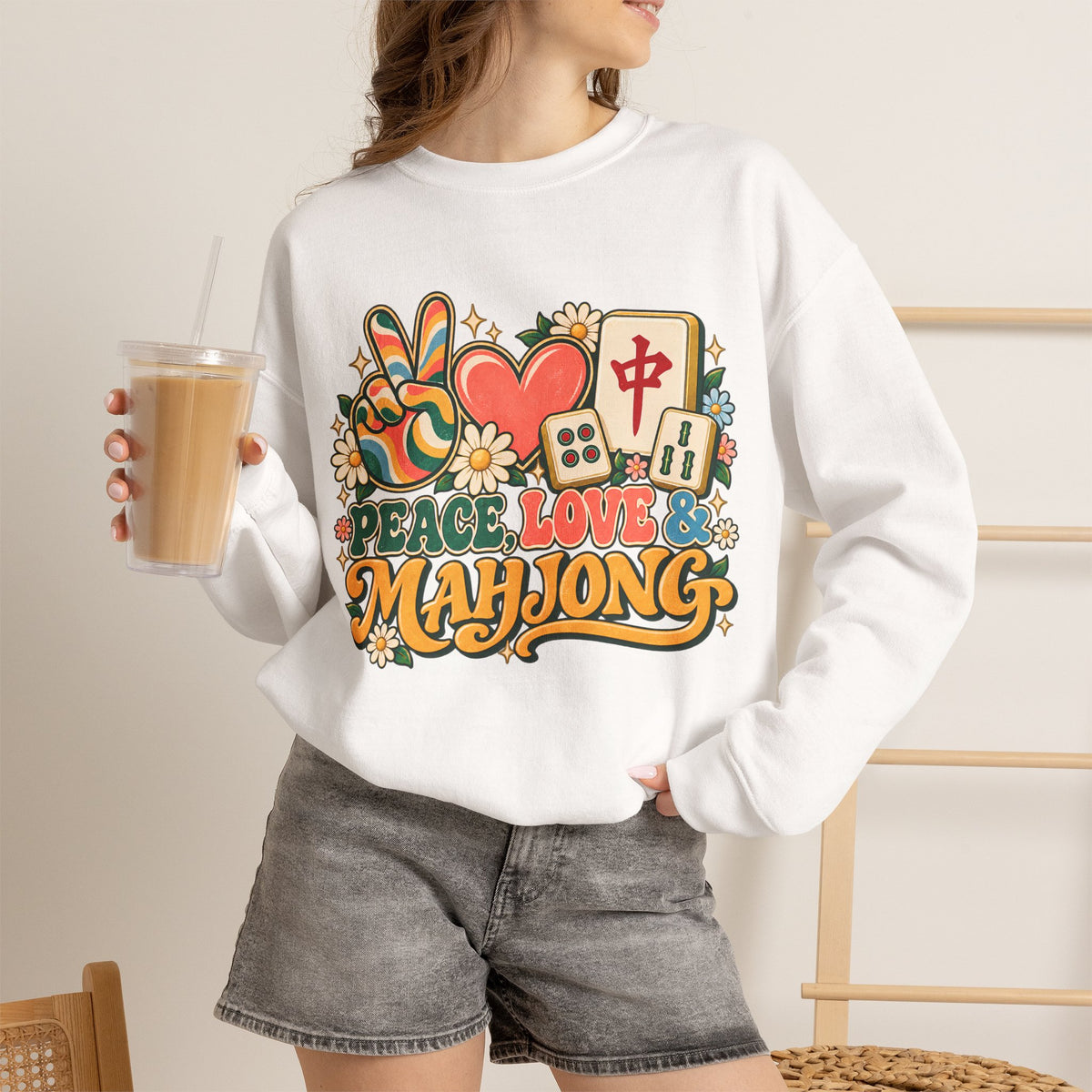 Peace Love Mahjong Colorful Retro Crewneck Sweatshirt