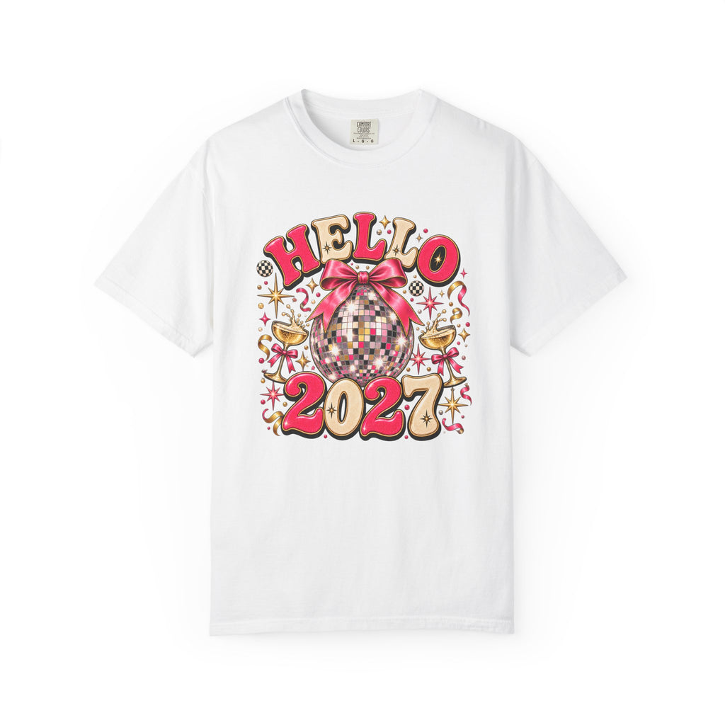 Hello 2027 Disco Ball T-Shirt — New Year Celebration Graphic Tee