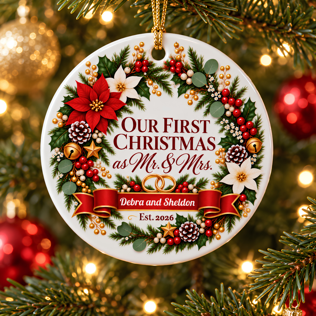 First Christmas as Mr. & Mrs. Personalized Ceramic Ornament — Family Keepsake