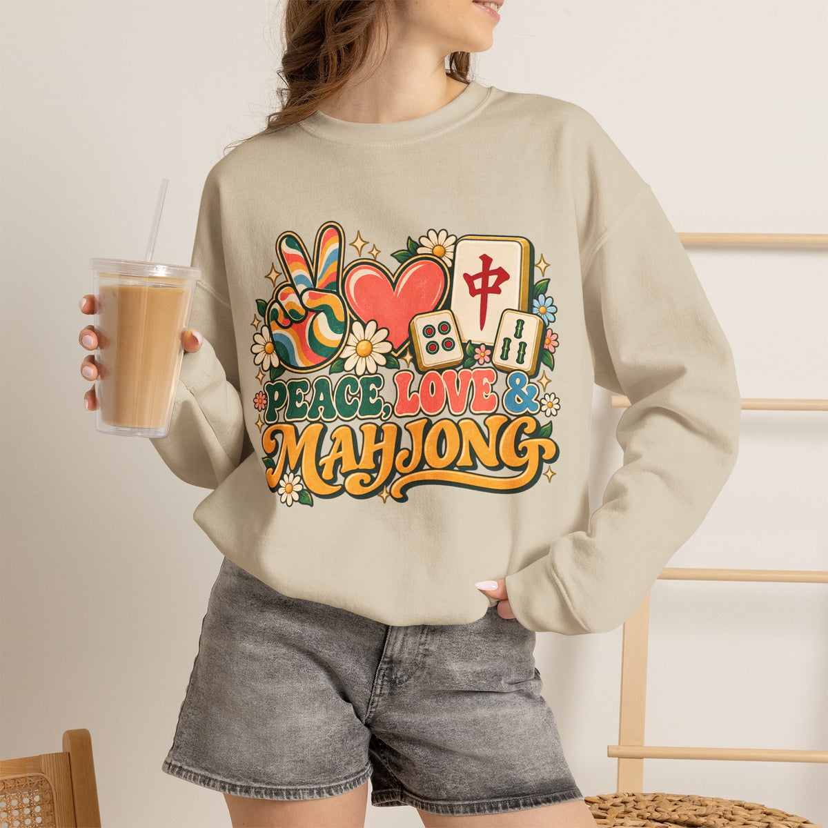Peace Love Mahjong Colorful Retro Crewneck Sweatshirt