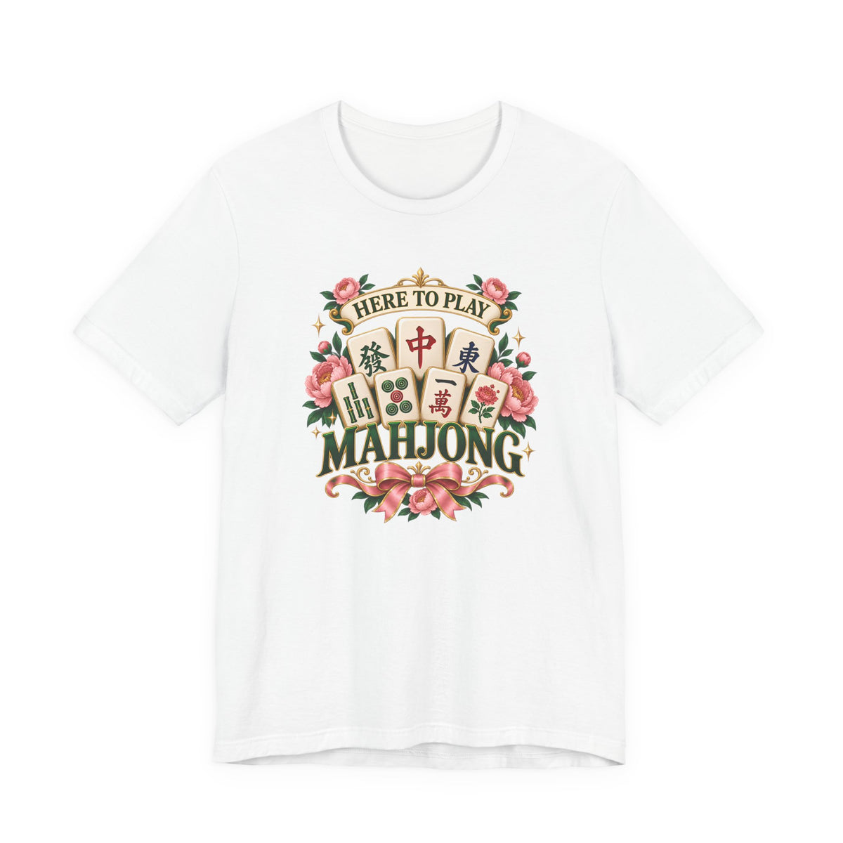Mahjong Floral Tee — "Here to Play Mahjong" Cotton T-Shirt