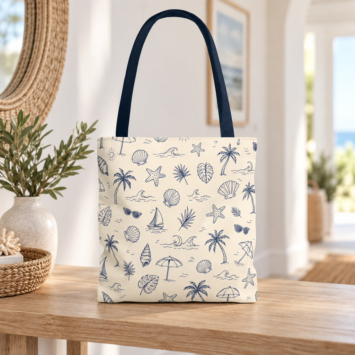 Beach pattern tote bag displayed on a wooden table in a bright coastal home
