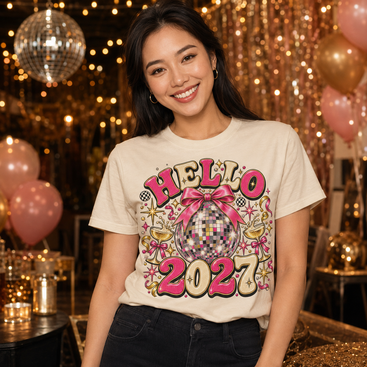 Hello 2027 cream T-shirt lifestyle mockup